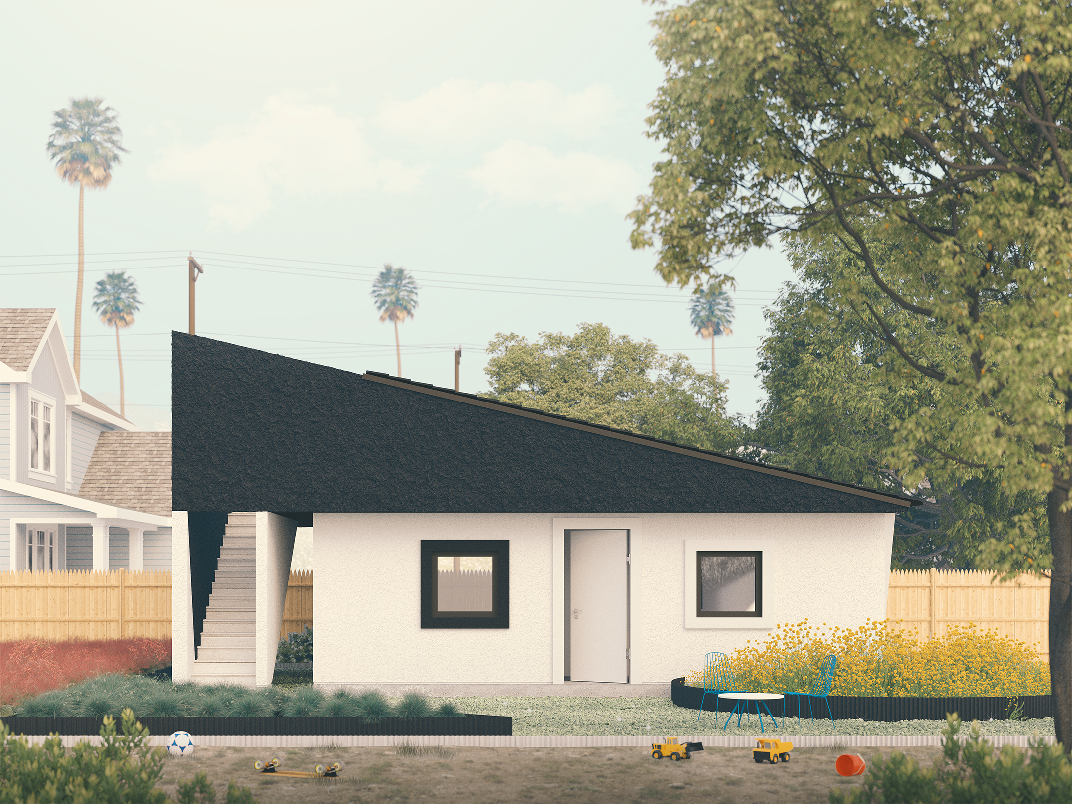 Exterior rendering of the Jennifer Bonner MALL Lean-To ADU from the LADBS Standard Plan Program catalog