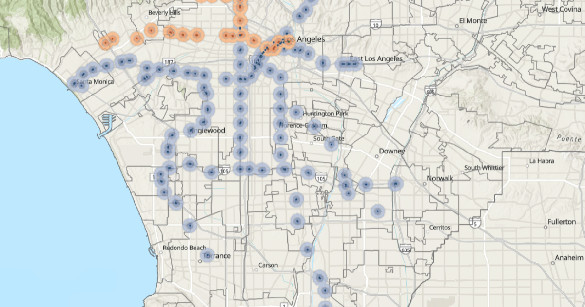 Map of Southern California transit corridors eligible under SB 79, from a June 2026 SCAG analysis published by LAist
