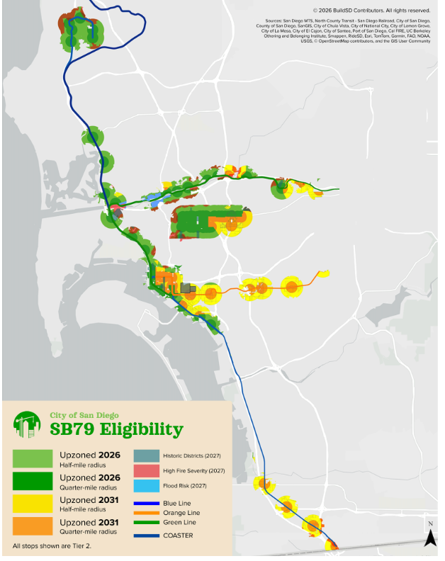 San Diego SB 79 transit-oriented development zone map showing eligible and delayed upzoning areas