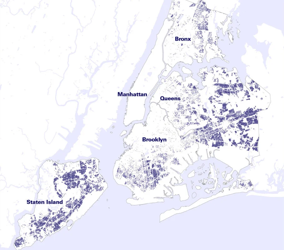 Map of NYC neighborhoods showing ADU-eligible parcels by density