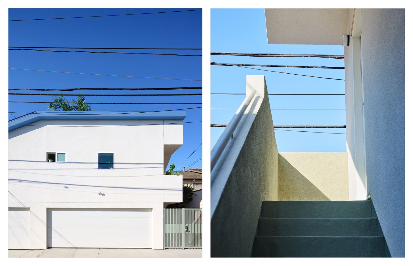 A two-story detached ADU in Westwood with a roofline contoured to overhead power lines and blue-painted fascia
