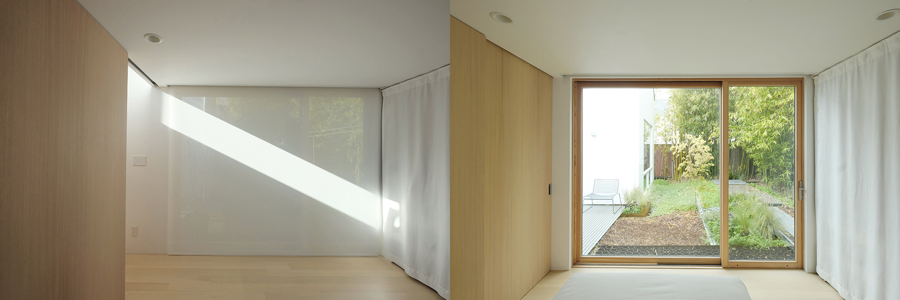 Bedroom in the Evelyn ADU with built-in storage and sliding panels