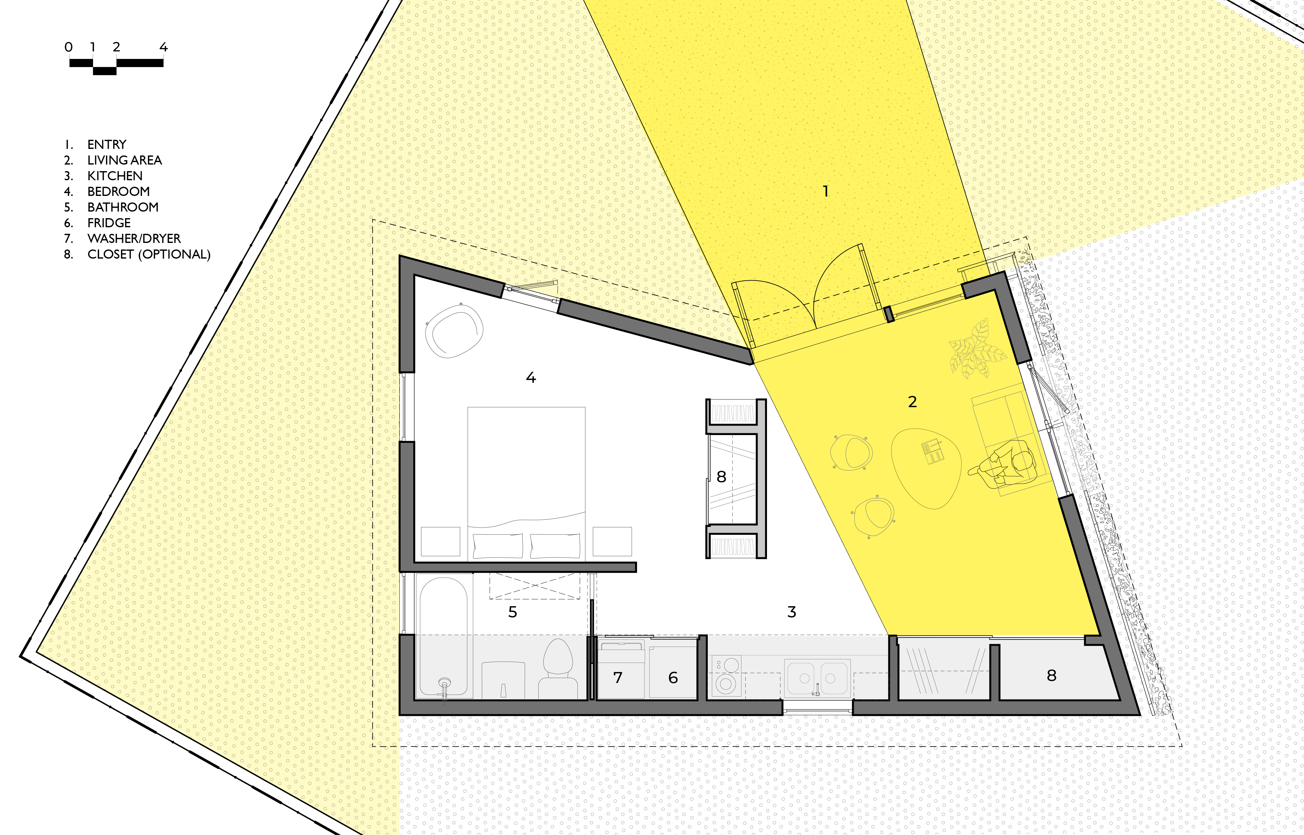The YOU-ADU floor plan, showing a one-bedroom layout with open living space, galley kitchen, and bathroom in 455 square feet