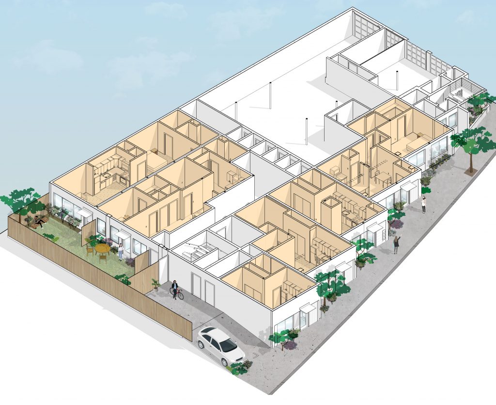 Isometric drawing of a ground-floor accessory dwelling unit conversion in a San Francisco apartment building