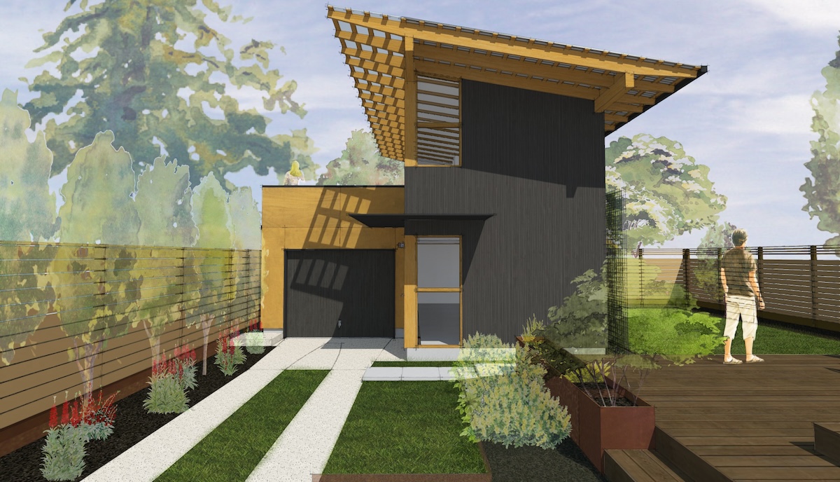 A modern detached accessory dwelling unit in a Seattle backyard, wood-clad with large windows