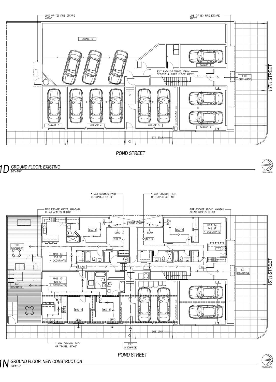 Floor plans showing the existing garage condition above and the proposed three-ADU layout below at 3571 16th Street