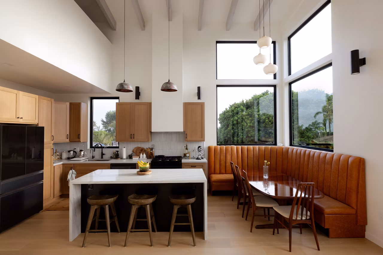 Interior of the two-level Oceanside ADU showing a double-height living space