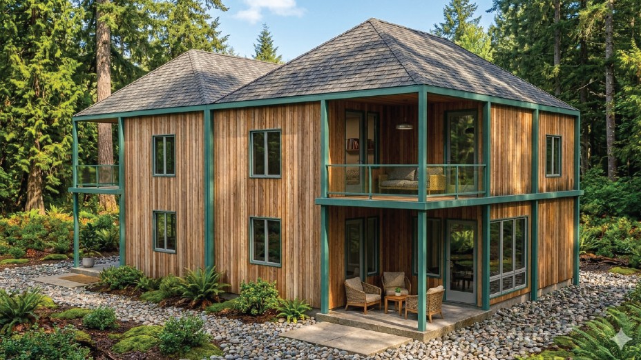 Rendering of a two-story wood-clad duplex with green-trimmed porches, a Seattle pre-approved middle housing design by Dubroca Studio