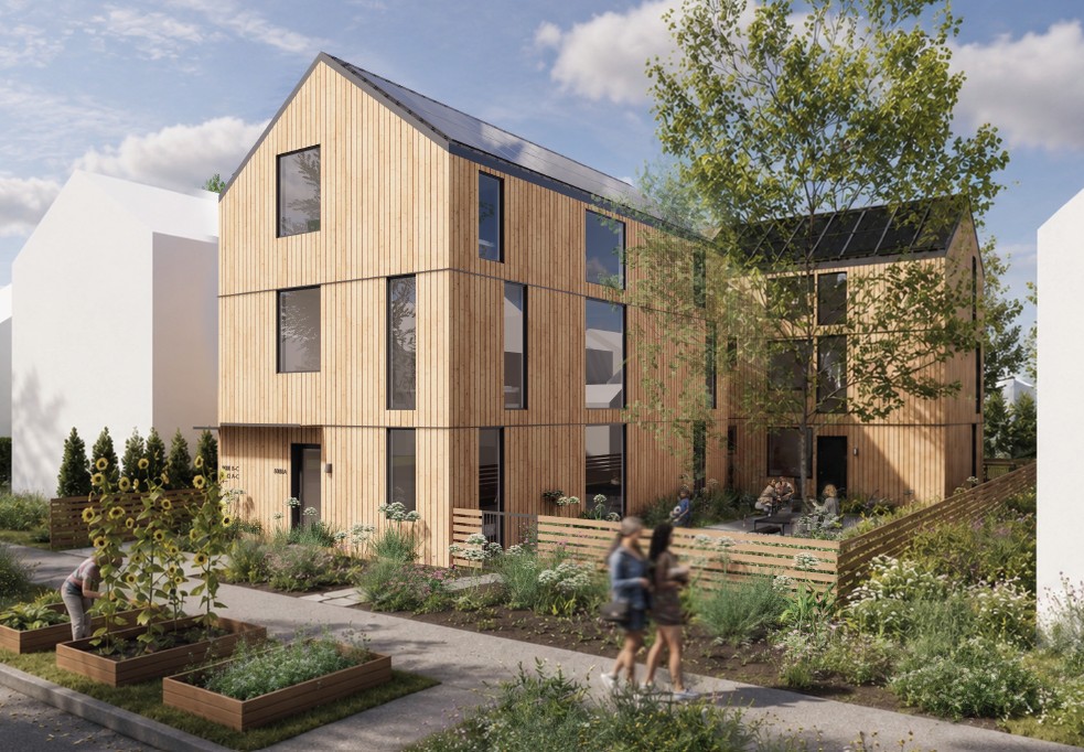 Rendering of a three-story timber-clad stacked triplex with solar panels and a front garden, a Seattle pre-approved design by Allied8
