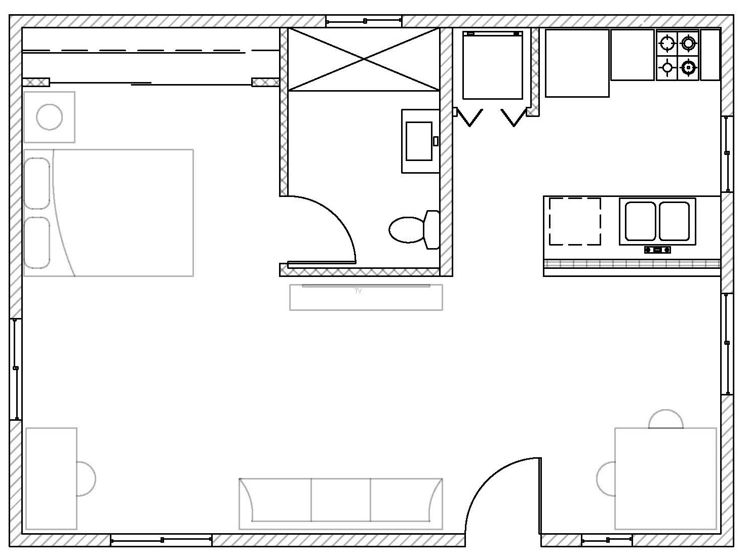 Floor plan of the County of San Diego Plan F, a 600-square-foot one-bedroom ADU design