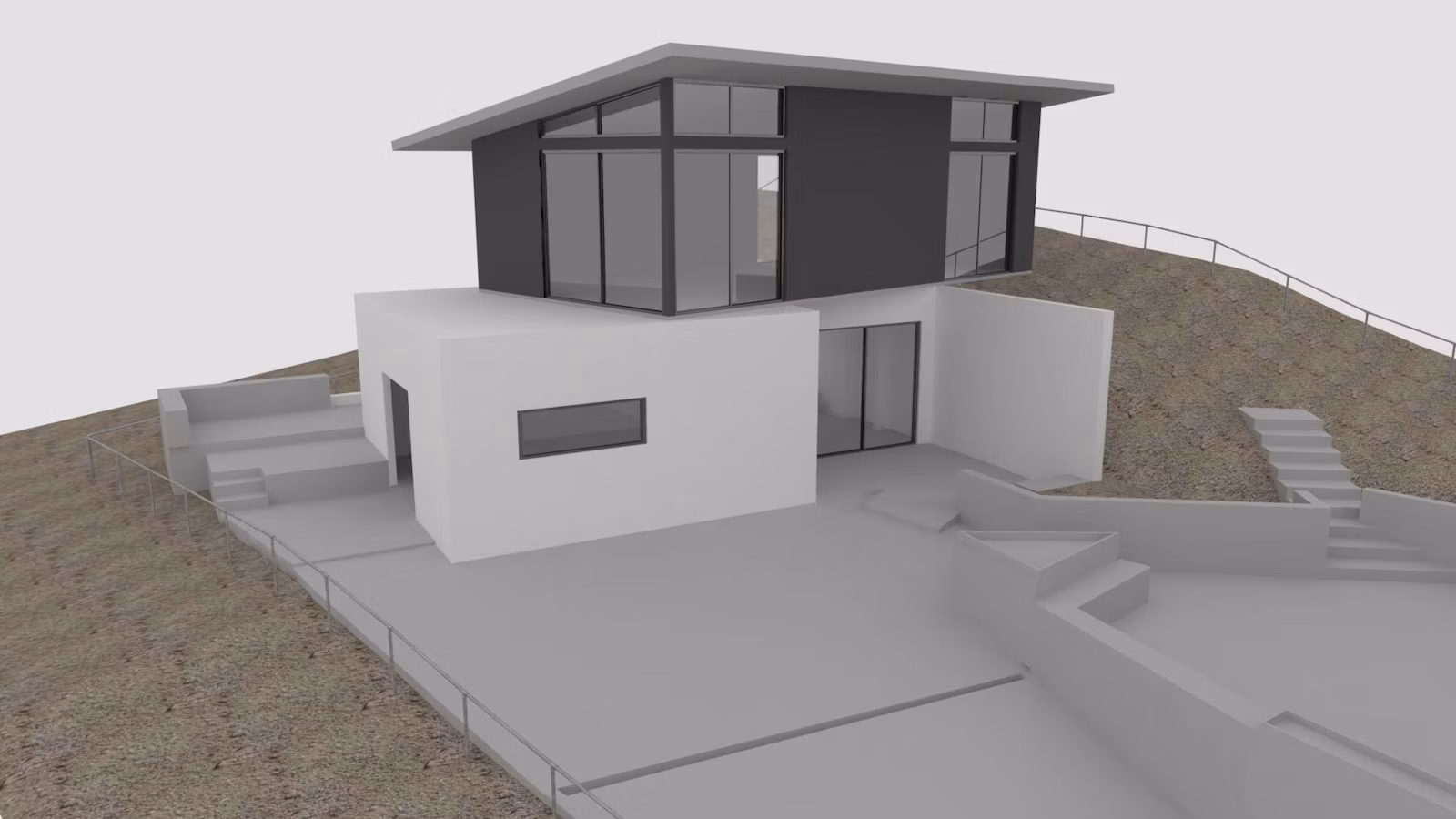 Volumetric model of a two-story hillside ADU in Los Angeles stacked on an existing rec room against a slope