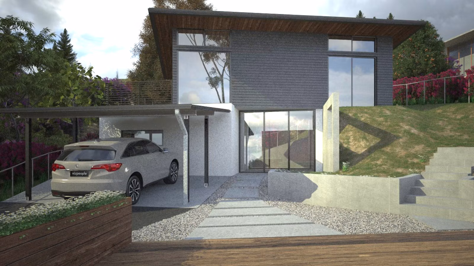Rendering of a hillside ADU front with a carport, glass entry and concrete steps cut into a Los Angeles slope